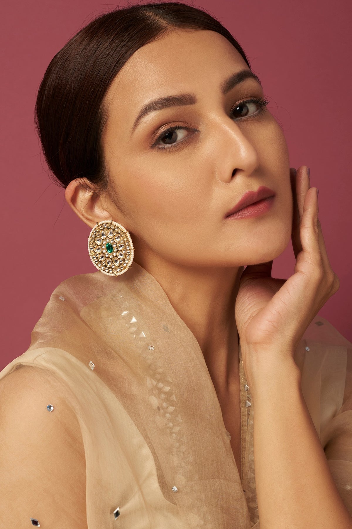 Gold Plated Kundan Polki Oval Stud Earrings