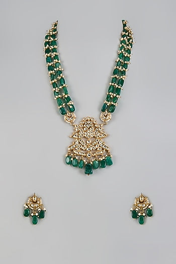 Gold Plated Kundan Polki & Beaded Pendant Necklace Set