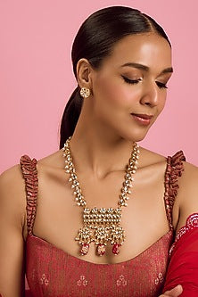 Gold Plated Kundan Polki & Beaded Pendant Long Necklace Set