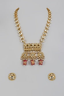 Gold Plated Kundan Polki & Beaded Pendant Long Necklace Set