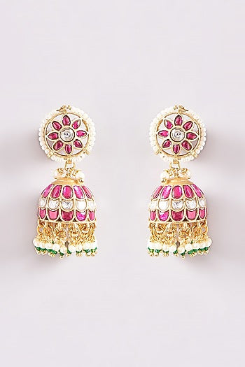 Gold Plated Kundan Polki & Ruby Stone Dangler Earrings