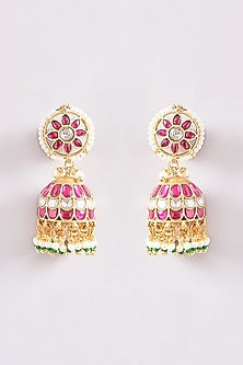 Gold Plated Kundan Polki & Ruby Stone Dangler Earrings