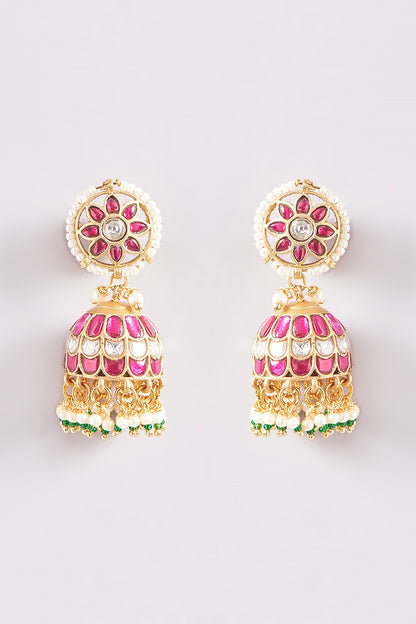 Gold Plated Kundan Polki & Ruby Stone Dangler Earrings