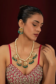 Gold Plated Kundan Polki & Beaded Long Necklace Set
