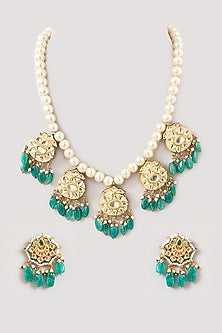 Gold Plated Kundan Polki & Beaded Long Necklace Set
