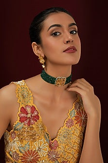 Gold Plated Kundan Polki & Green Beaded Choker Necklace Set