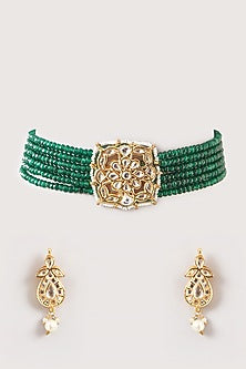 Gold Plated Kundan Polki & Green Beaded Choker Necklace Set