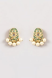 Gold Plated Kundan Polki & Pearl Meenkari Stud Earrings
