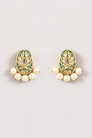 Gold Plated Kundan Polki & Pearl Meenkari Stud Earrings