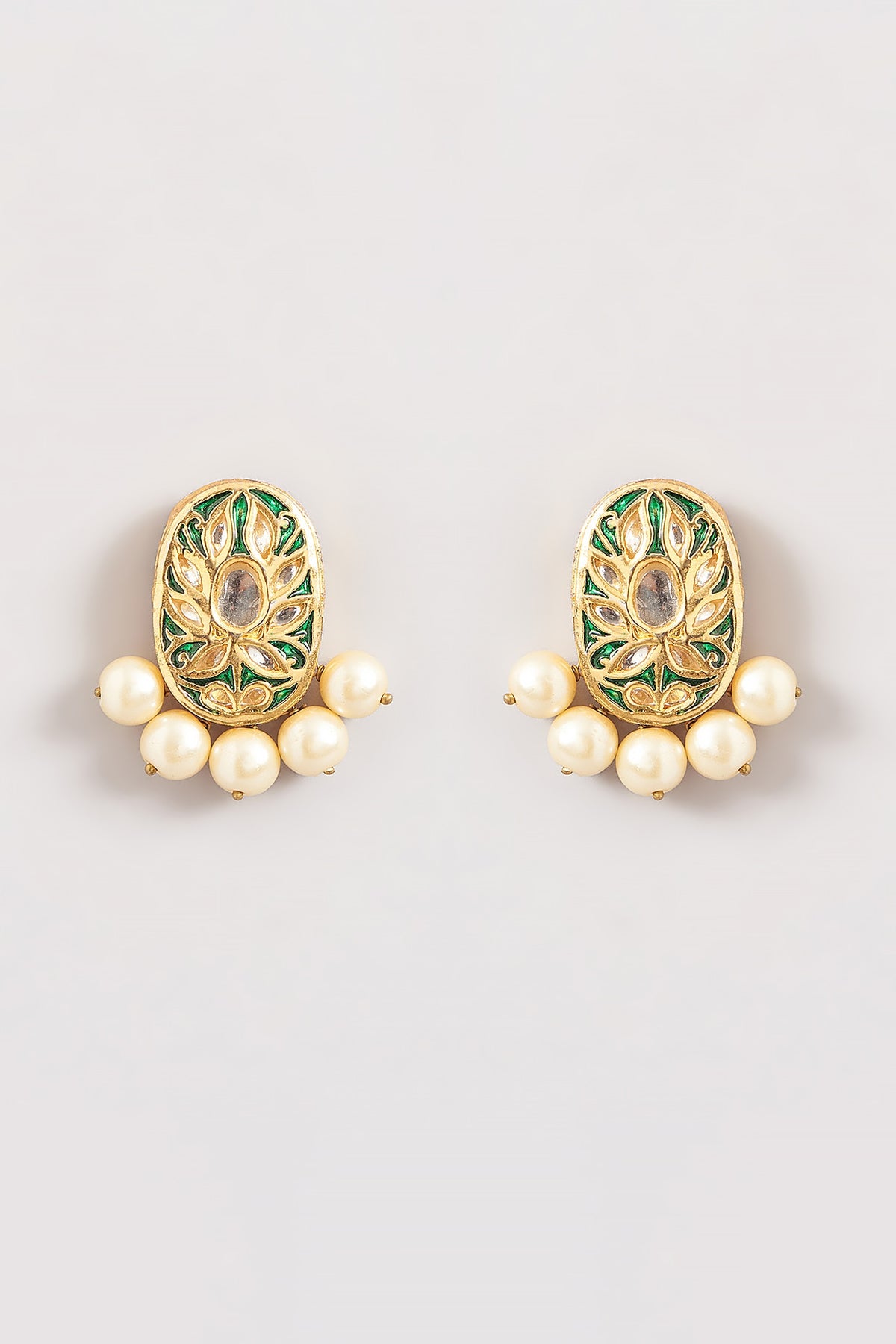 Gold Plated Kundan Polki & Pearl Meenkari Stud Earrings