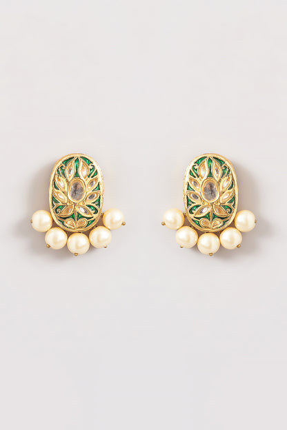 Gold Plated Kundan Polki & Pearl Meenkari Stud Earrings