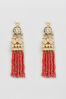 Gold Plated Red Beaded Dangler Earrings
