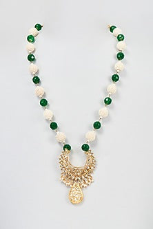 Gold Plated Pearl & Bead Long Chand Pendant Necklace