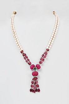 Gold Finish Pearl & Ruby Long Necklace