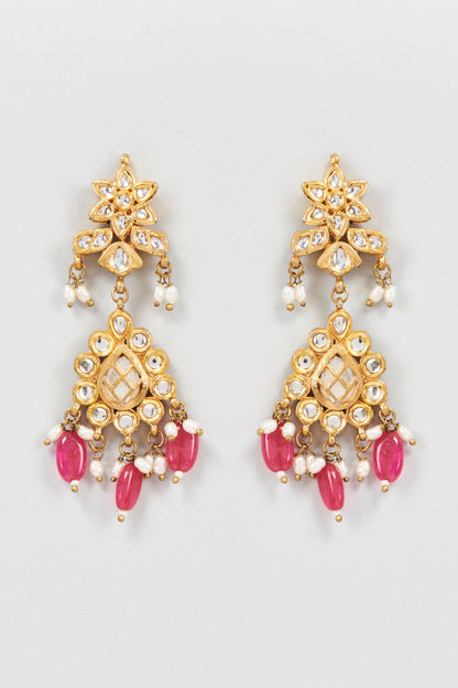 Gold Plated Kundan & Ruby Dangler Earrings