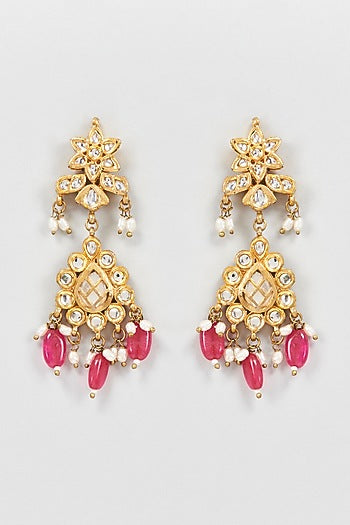 Gold Plated Kundan & Ruby Dangler Earrings