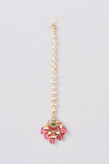 Gold Plated Maroon Stone & Pearl Maangtikka