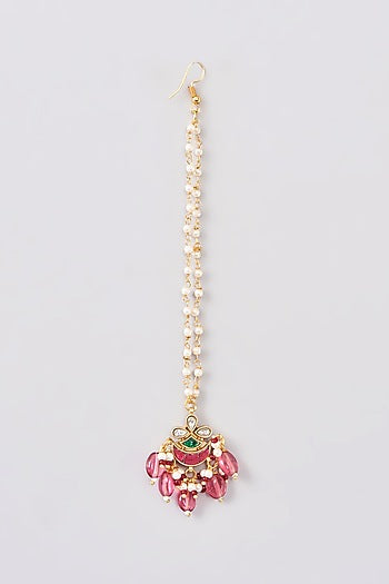 Gold Plated Maroon Stone & Pearl Maangtikka