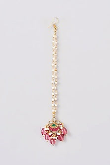 Gold Plated Maroon Stone & Pearl Maangtikka
