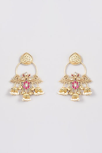 Gold Plated Kundan Polki & Pink Stone Jhumka Earrings