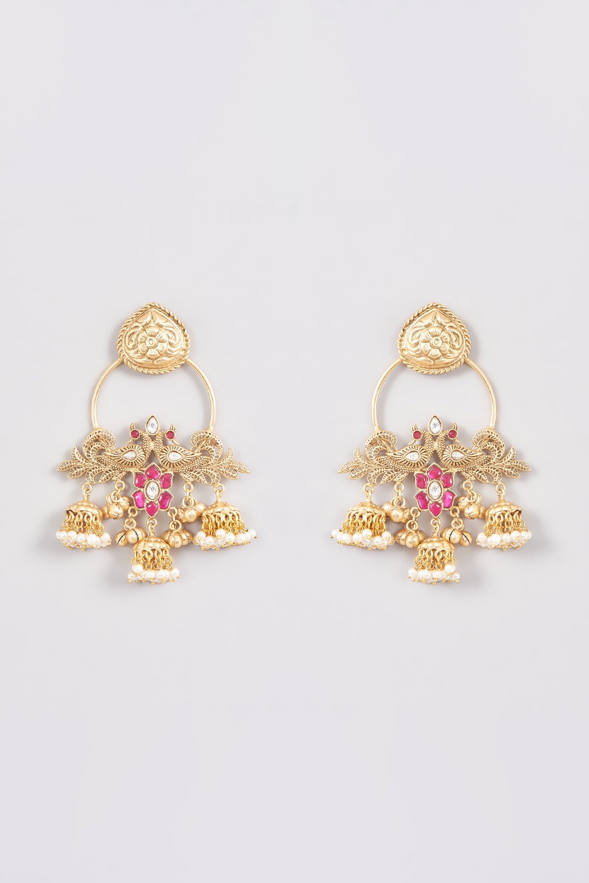 Gold Plated Kundan Polki & Pink Stone Jhumka Earrings