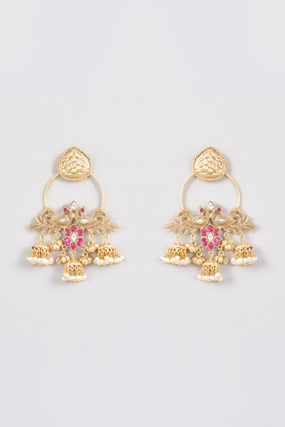 Gold Plated Kundan Polki & Pink Stone Jhumka Earrings