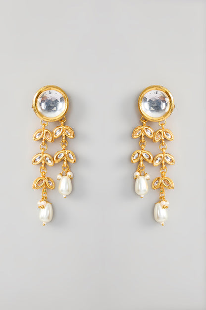 Gold Finish Kundan Polki & Pearl Dangler Earrings
