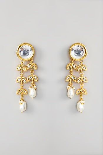 Gold Finish Kundan Polki & Pearl Dangler Earrings