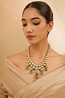 Gold Finish Kundan Polki & Beaded Long Necklace