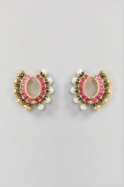 Gold Finish Kundan Polki & Pearl Hoop Earrings