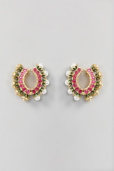 Gold Finish Kundan Polki & Pearl Hoop Earrings