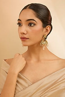 Gold Finish Kundan Polki & Beaded Chandbali Earrings