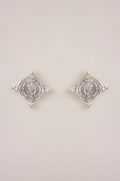 White Rhodium Coin Stud Earrings