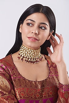 Gold Plated Red Rhodolite Beaded Choker Necklace