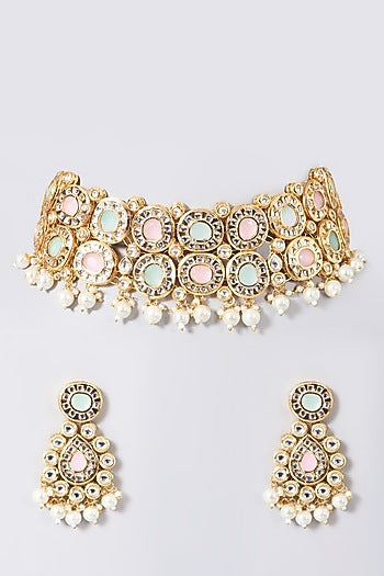 Gold Pastel Stone Choker Necklace Set