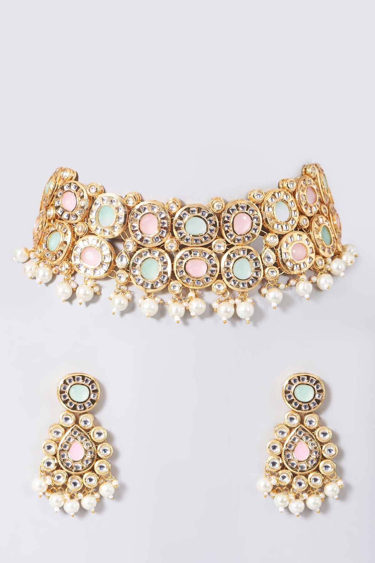 Gold Pastel Stone Choker Necklace Set