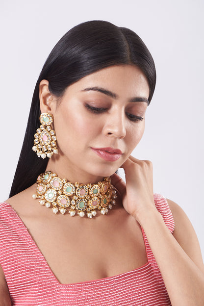 Gold Pastel Stone Choker Necklace Set