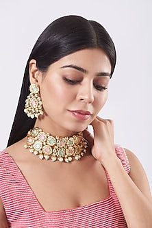 Gold Pastel Stone Choker Necklace Set