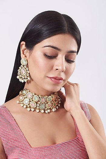 Gold Pastel Stone Choker Necklace Set