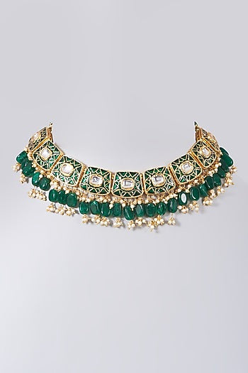 Gold Plated Green Enameled Choker Necklace