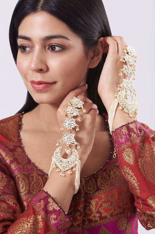 Gold Plated Kundan Polki & Pearl Hathphool