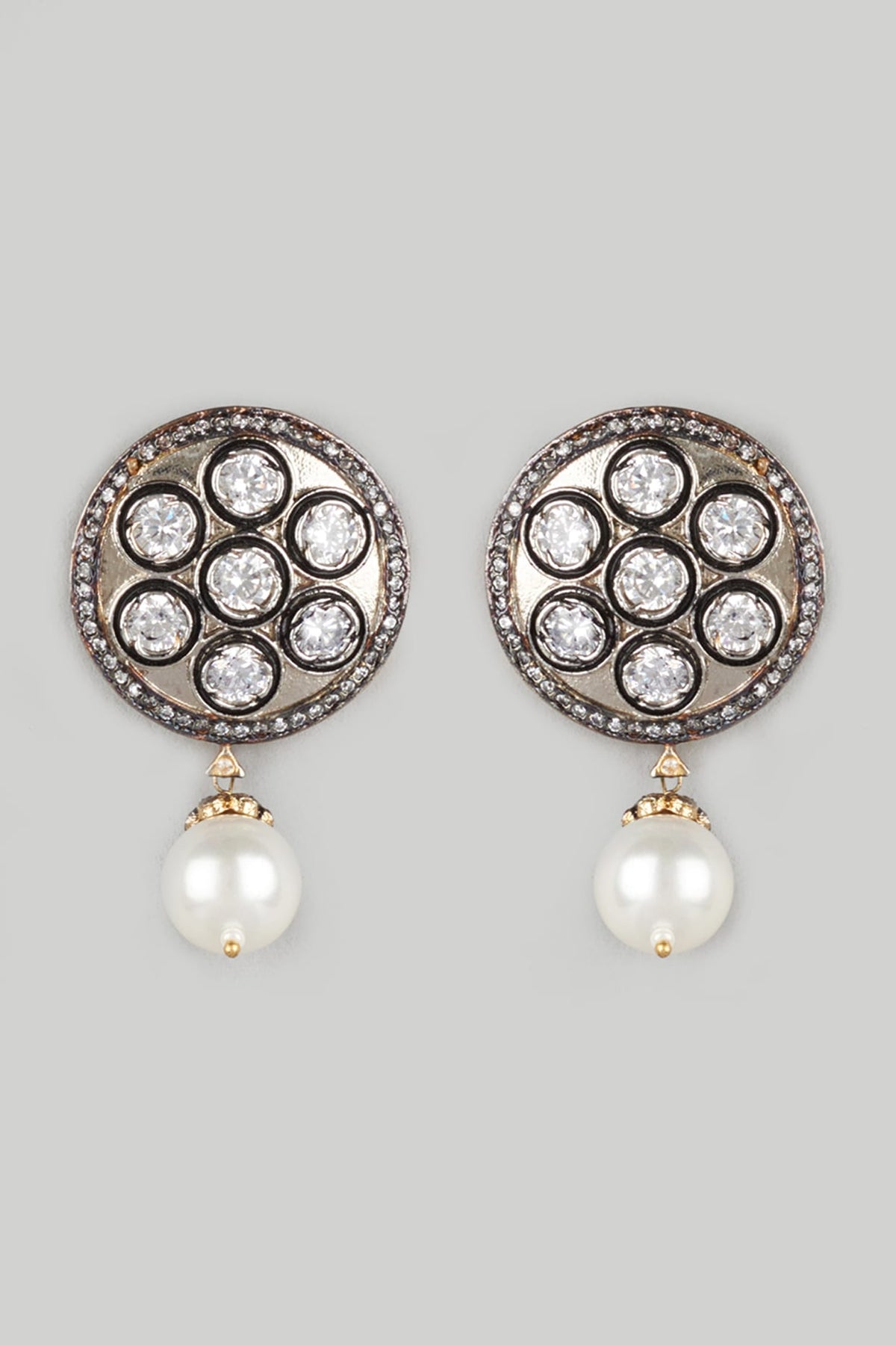 Two Tone Finish White Stone & Pearl Stud Earrings