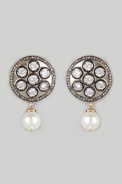 Two Tone Finish White Stone & Pearl Stud Earrings