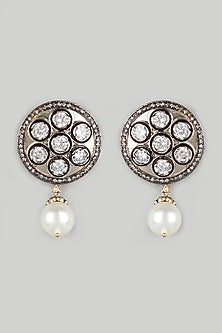 Two Tone Finish White Stone & Pearl Stud Earrings