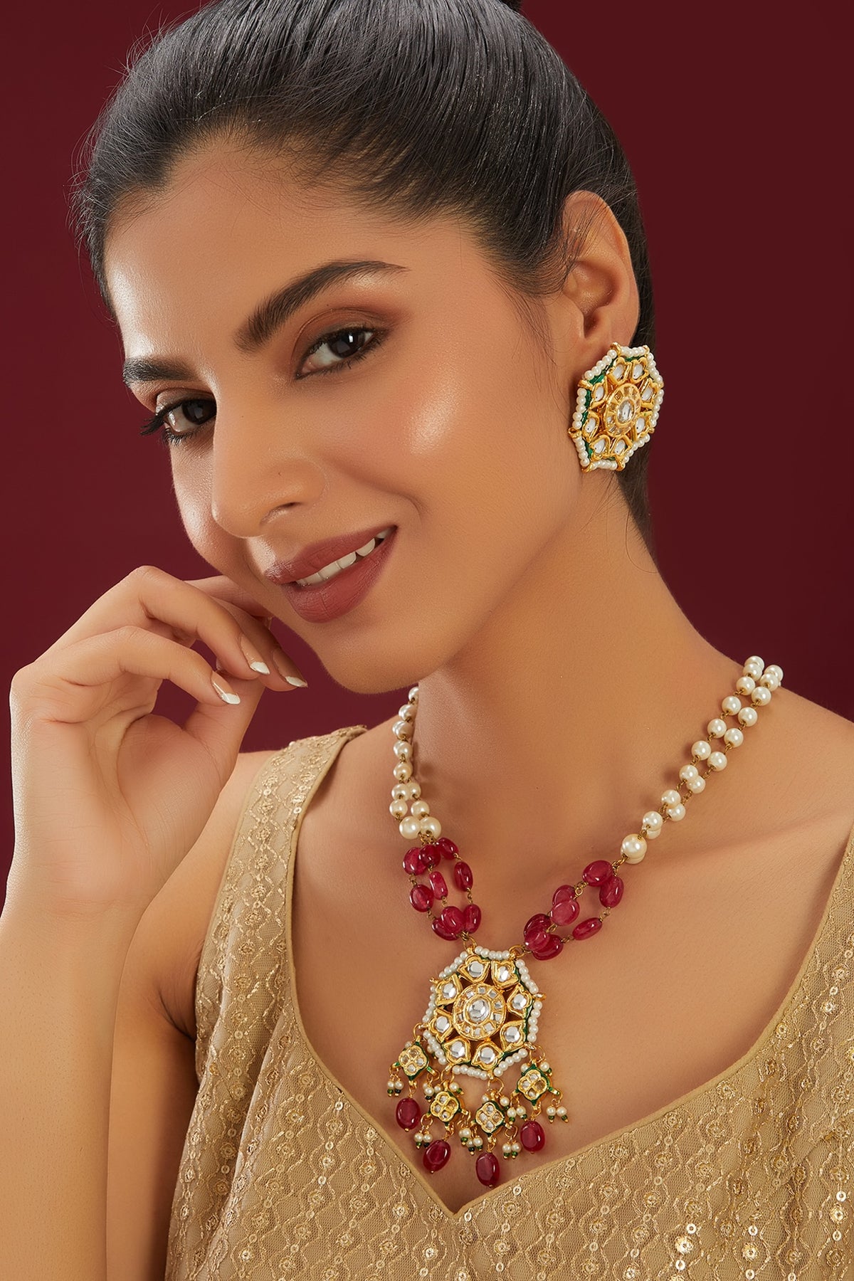 Gold Plated Kundan Polki & Ruby Beaded Long Meenakari Necklace Set