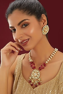 Gold Plated Kundan Polki & Ruby Beaded Long Meenakari Necklace Set
