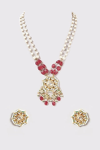 Gold Plated Kundan Polki & Ruby Beaded Long Meenakari Necklace Set