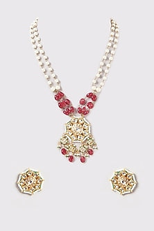 Gold Plated Kundan Polki & Ruby Beaded Long Meenakari Necklace Set