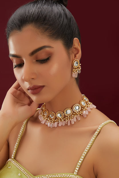 Gold Plated Kundan Polki & Pink Beaded Necklace Set