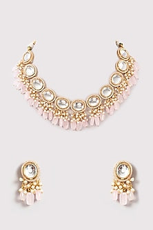 Gold Plated Kundan Polki & Pink Beaded Necklace Set